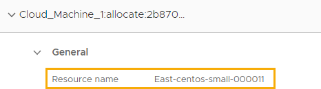 The cloud_machine deployment details showing the resource name as East-centos-small-000011.