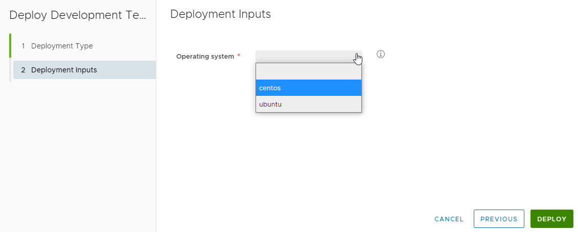 The deployment inputs section of the Deploy dialog box. The inputs include the drop-down menu of options.