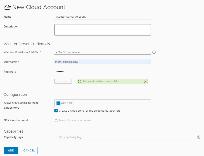The vCenter cloud account configuration page with sample values.