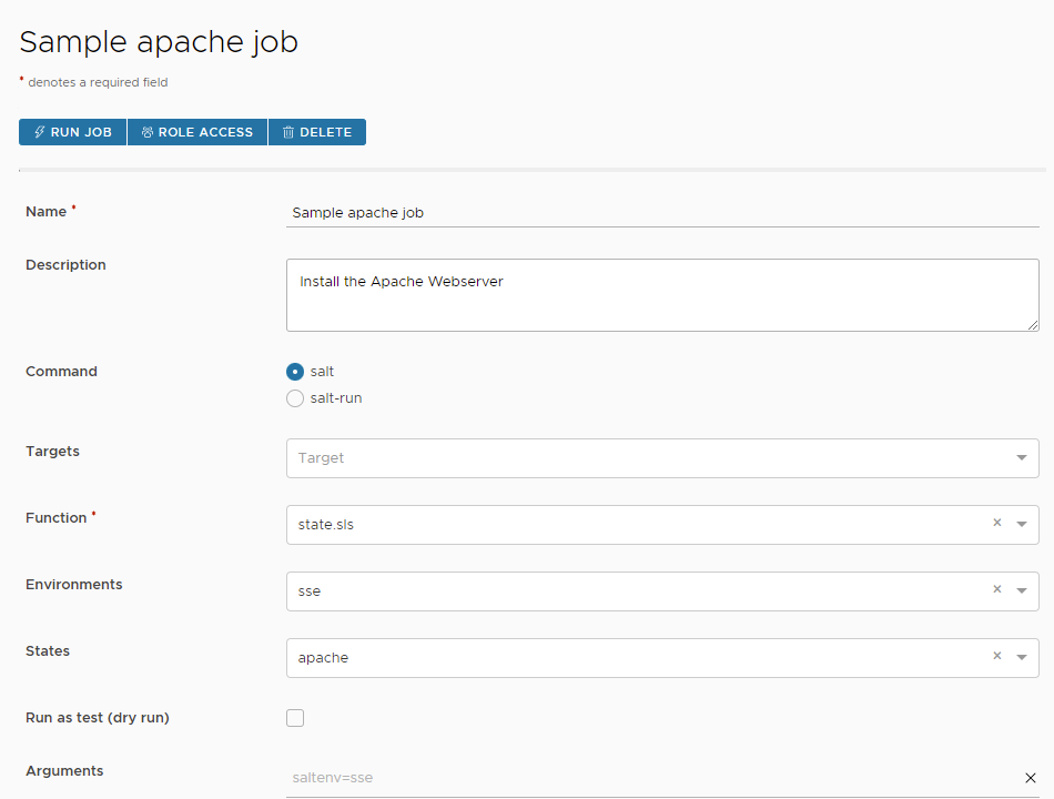 Screenshot of a job with all fields filled out in SaltStack Config