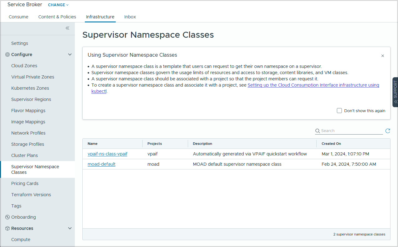 Supervisor Namespace Classes in the Assembler UI