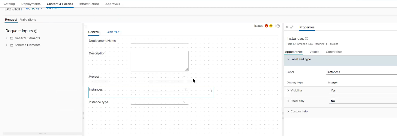 The Cloud Template details are shown with custom form fields and vRO workflows.