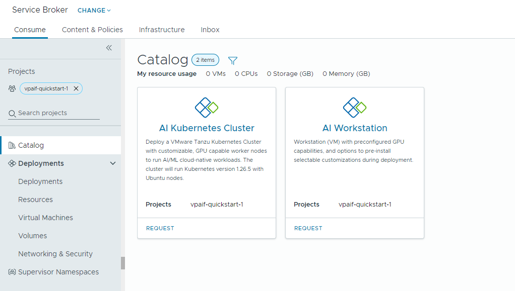 View of the Service Broker Catalog page with the two Private AI Foundation catalog items.