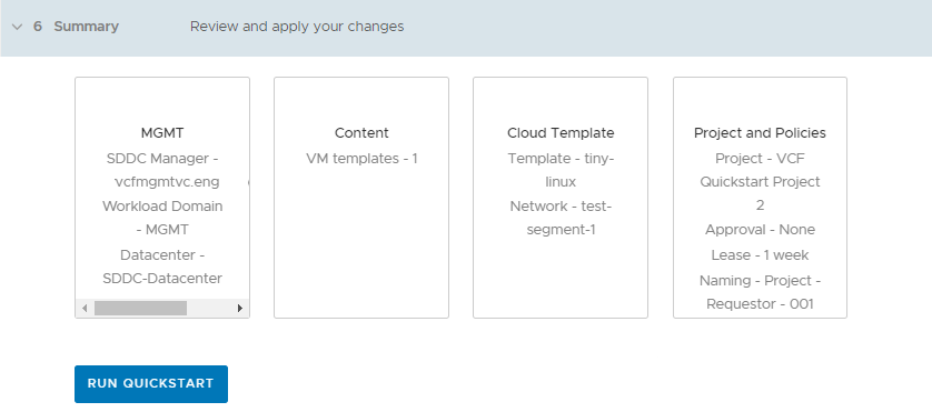 The Summary section of the VCF wizard. Shows the datacenter, content, cloud template, and projects and policies.