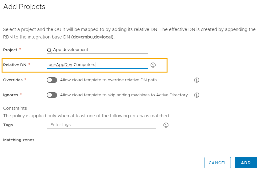 The Active Directory integration Add Projects dialog box showing the Relative DN value of ou=AppDev-Computers.