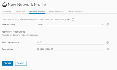 The Network Provides Policies tab with values selected.