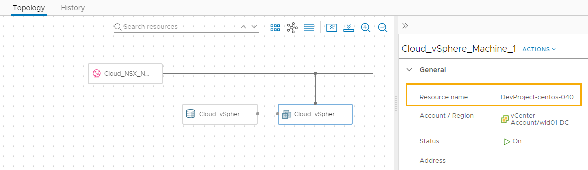 Deployment details Topology tab showing the machine custom name.