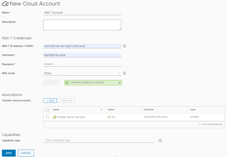 The NSX-T cloud account configuration page with sample values.