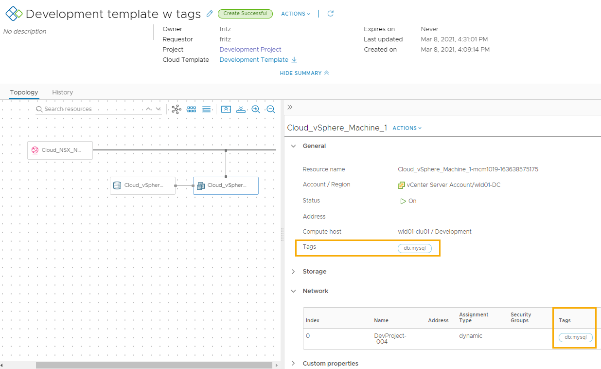 The deployment topology tab with the machine selected and the tags highlighted in the right pane.