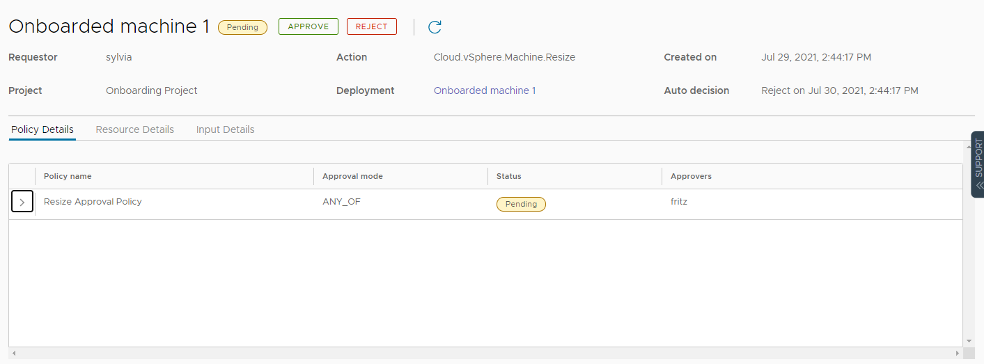 The approval details page showing the pending status.