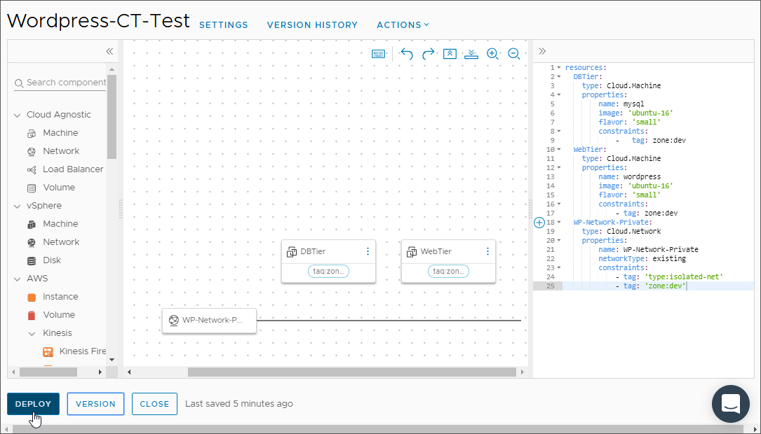 By using the YAML code, the cloud template creates the database tier, web tier, and network in your deployment.