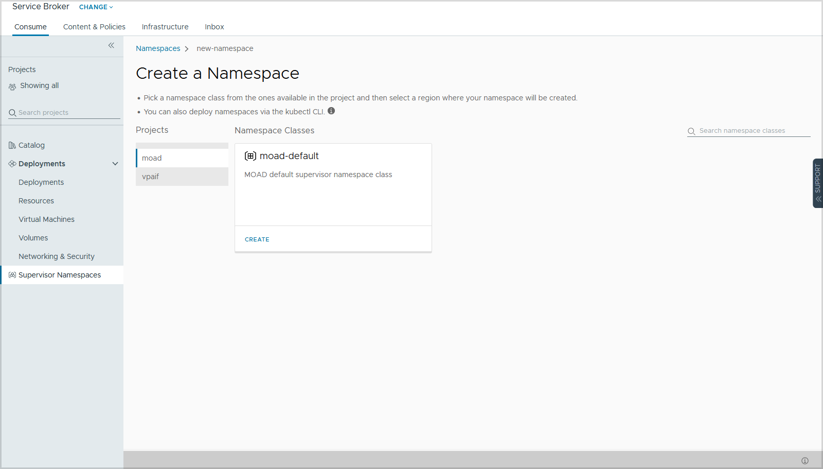 CCI namespace create page