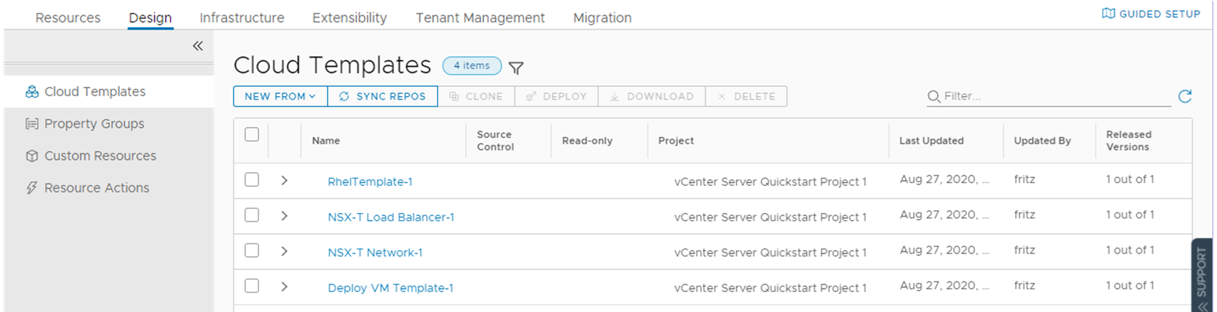 List of cloud templates created by the Quickstart