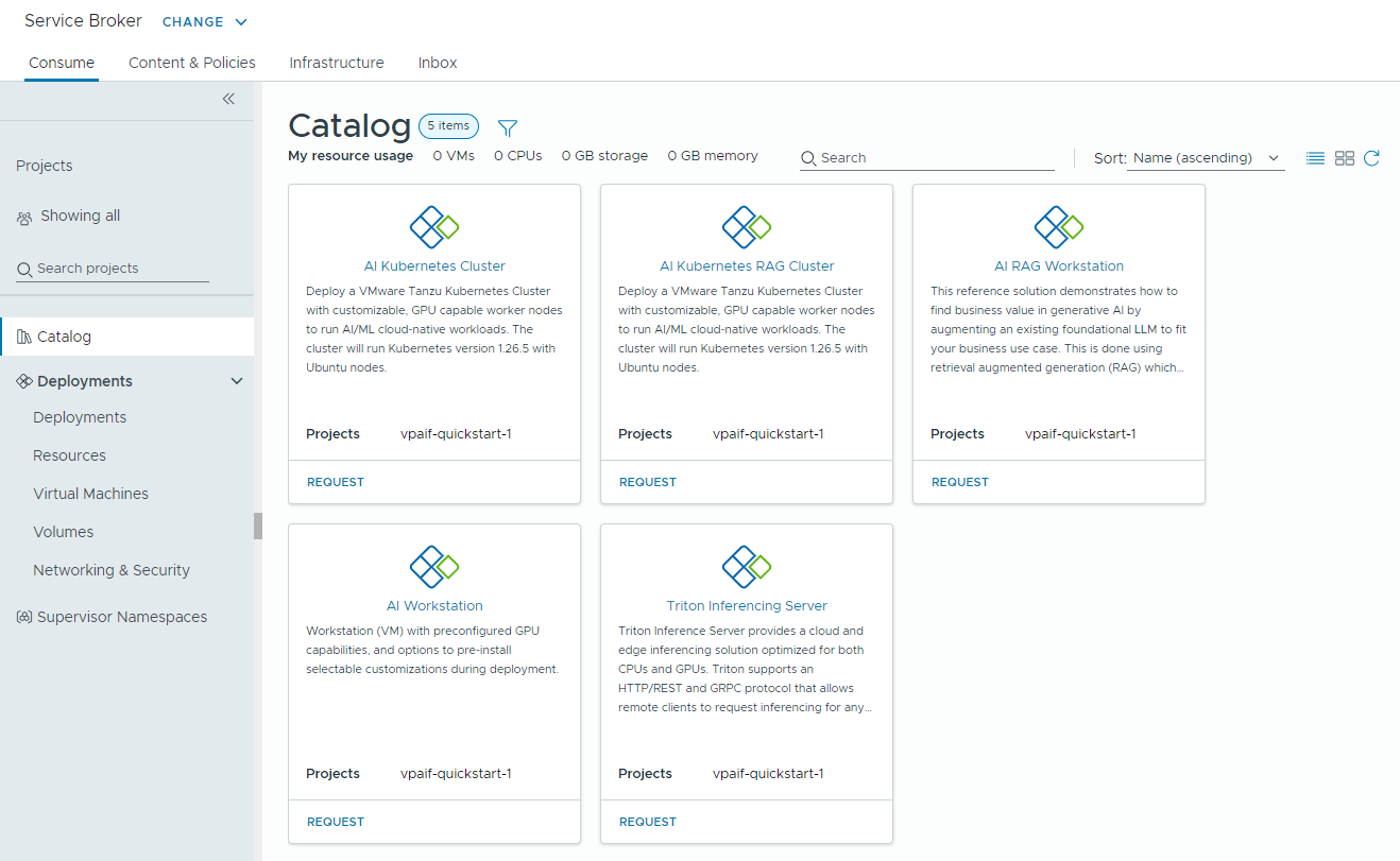 View of the Service Broker Catalog page with the Private AI Foundation catalog items.