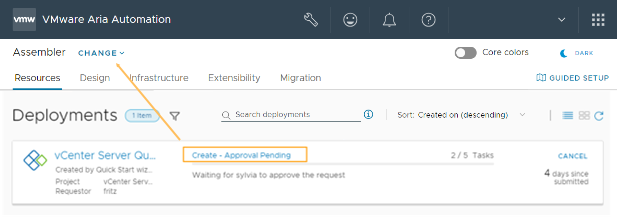 Automation Assembler deployment with a pending approval policy.