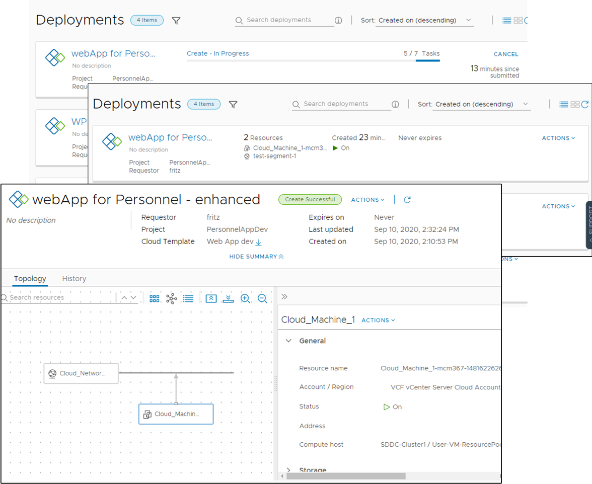 Deployments page and deployment details.