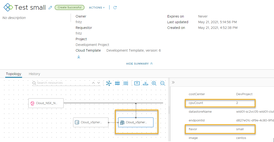 Deployment topology page with the Cloud_vSphere_Machine highlighted in the canvas and the cpuCount=2 and flavor=small highlighted in the right pane.