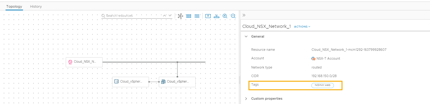 The deployment topology tab with the network selected and the tag highlighted in the right pane.