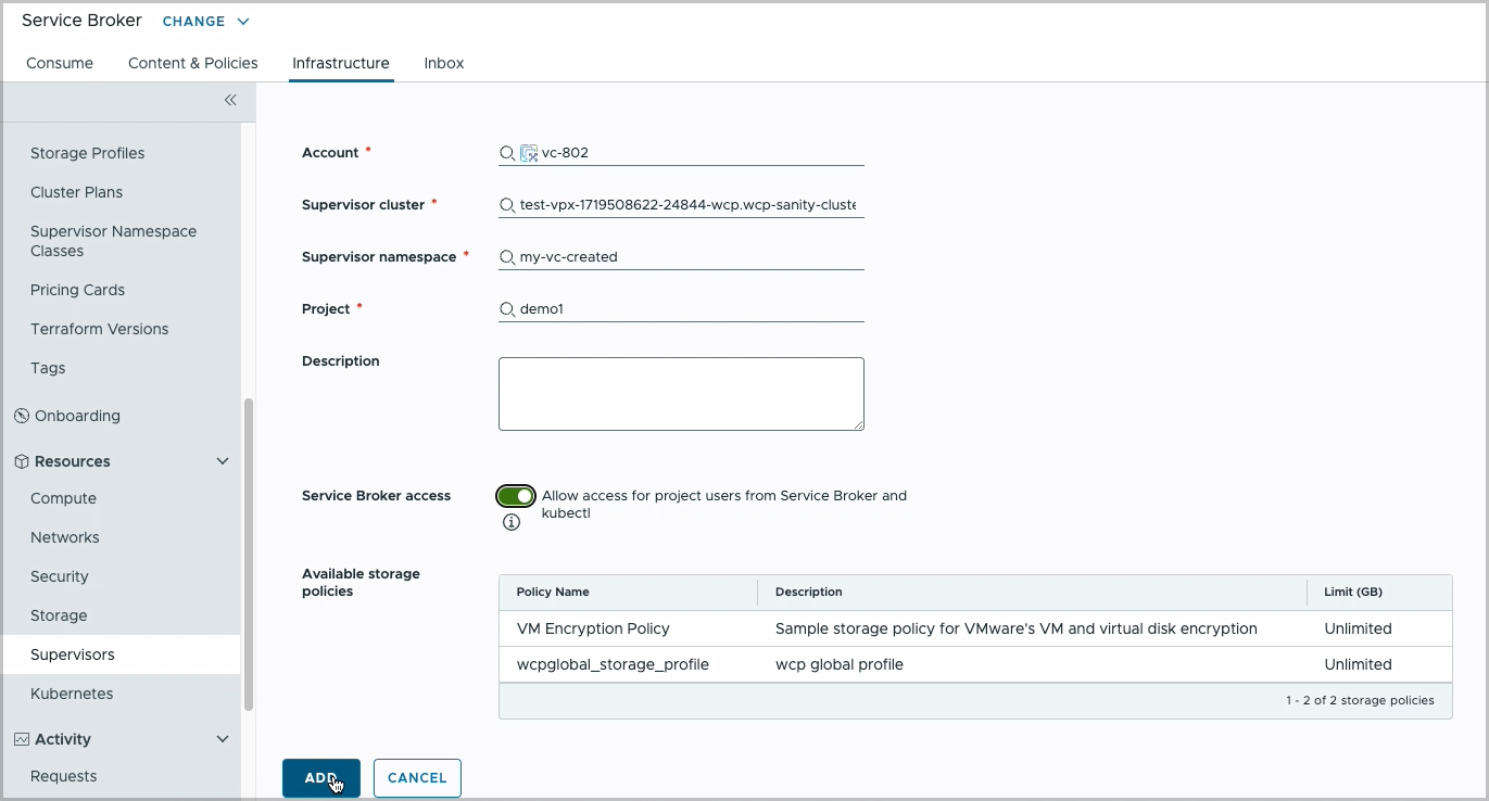 Onboard a vSphere namespace and enable it in Service Broker