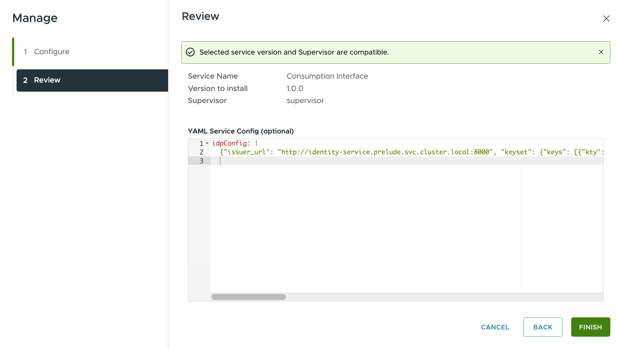 Paste YAML output into YAML Service Config (optional) text box