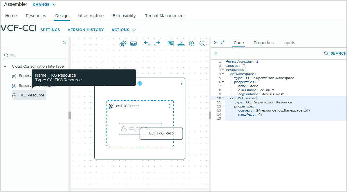 Drag and drop a nested CCI resource onto your template