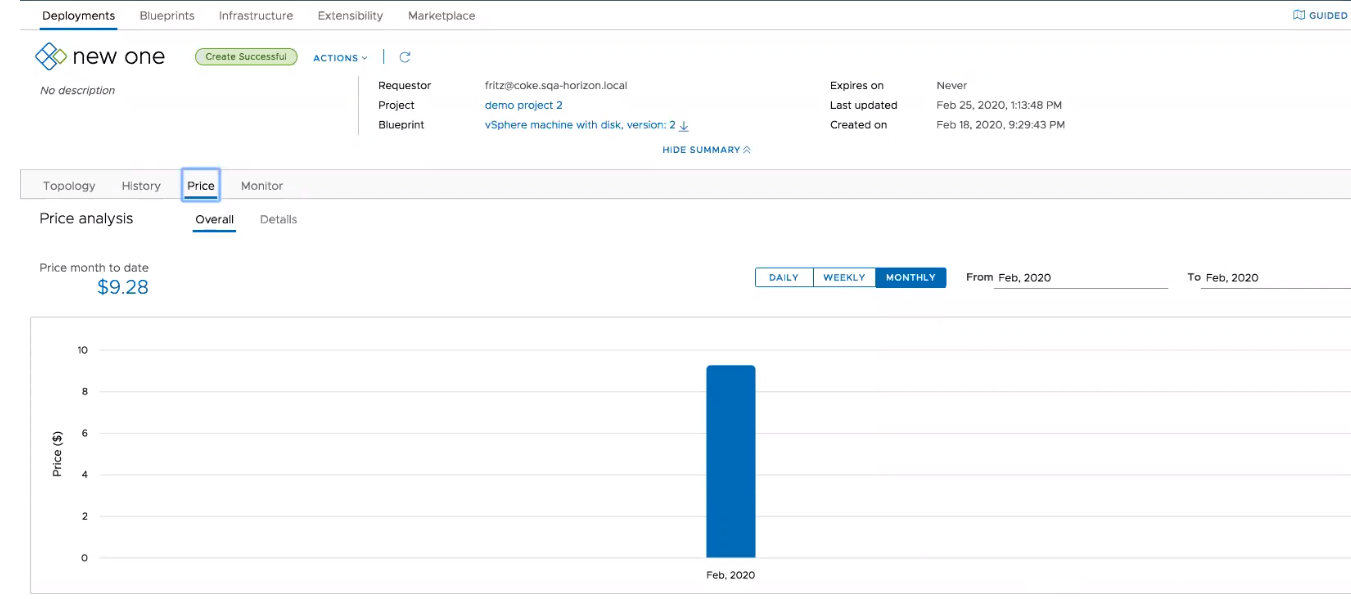 Price analysis displaying a month-to-date cost of $9.28 for Feb 2020 as an example