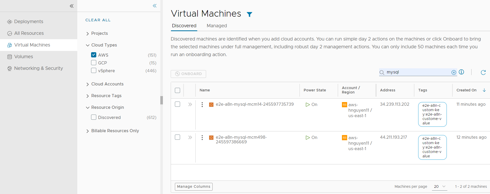 Screenshot of the virtual machine page with the AWS and Discovered filter, and the mysql search applied.