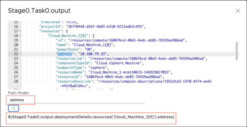 The JSON output includes a path finder where you can search for terms such as address, and Automation Pipelines displays the complete definition for the binding.