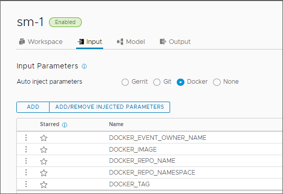 When you add input parameters to a pipeline, you click the Input tab and select the type of parameters, such as Gerrit, Git, or Docker.