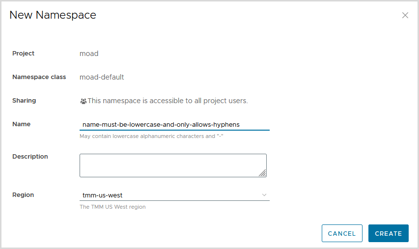 cci create namespace dialog