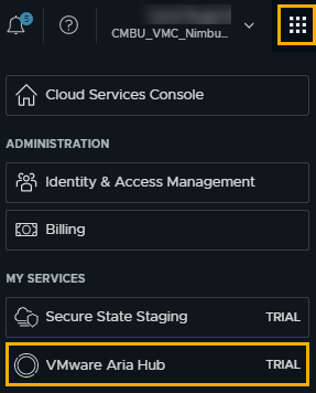 The Cloud Services menu with the menu and VMware Aria Hub highlighted.