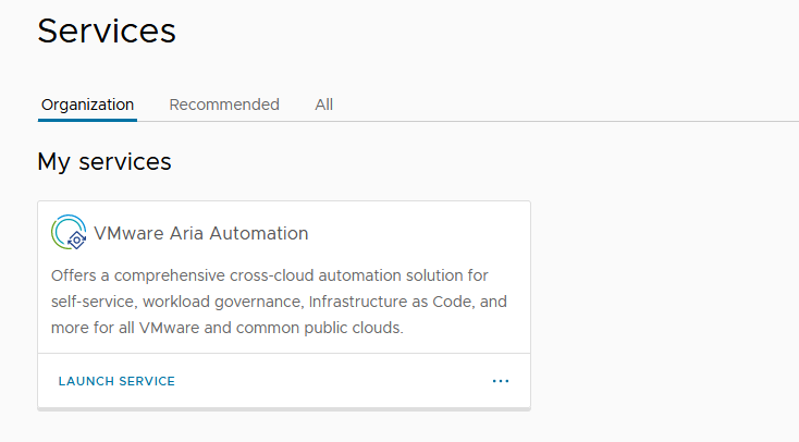 The VMware Aria Automation service tile
