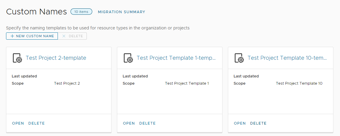 Screenshot of the Custom Names page showing the migrated project-level templates.