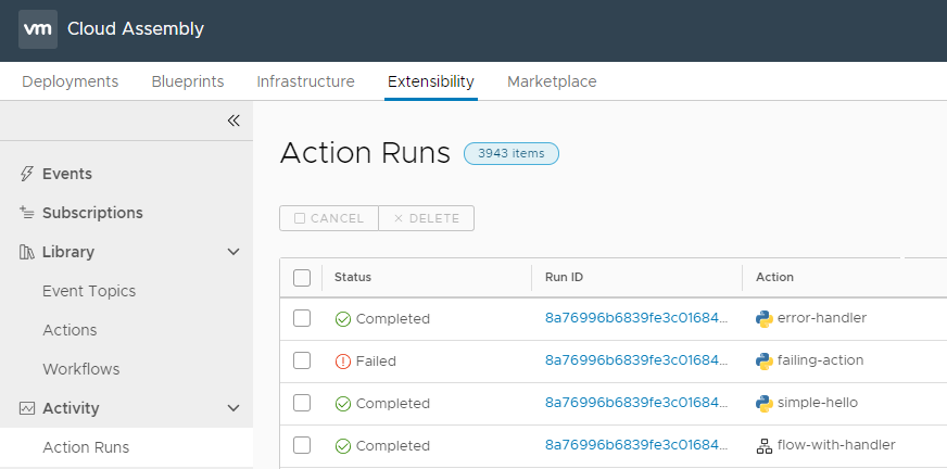 The Action Runs page displays the status of your completed action runs. The status of the action runs can be Completed or Failed.