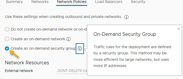 Network profile UI showing the Create an on-demand security group option selected.
