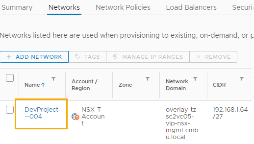 Networks tab with the network name highlighted.