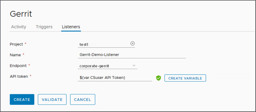 For cloud instances, the Gerrit trigger listener uses a Gerrit endpoint, and an API token, which you generate from My Account in VMware Cloud Services Console.