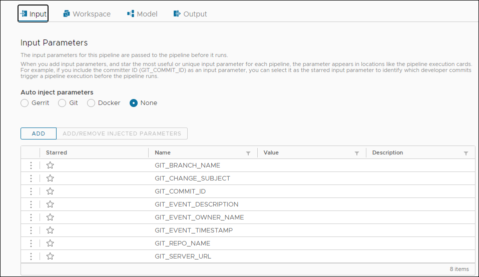 When you manually create a CICD pipeline, you configure the input parameters on the Input tab.