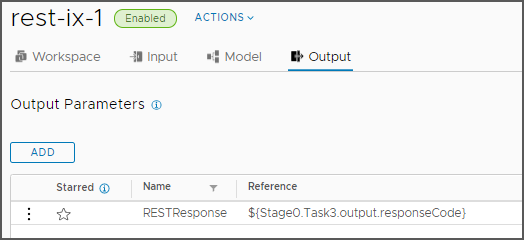 After you add an output parameter, the Output tab displays the name of the parameter that you added, and its reference in the pipeline stage and task.