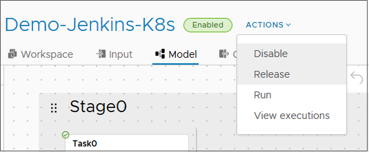 In the Actions menu on the pipeline model configuration, you can release the pipeline.