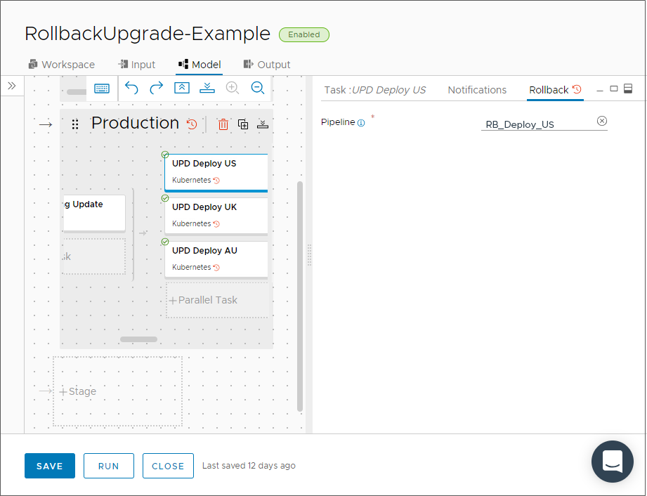 In a pipeline stage that has parallel tasks, the Rollback tab displays the rollback pipeline used if the task fails.