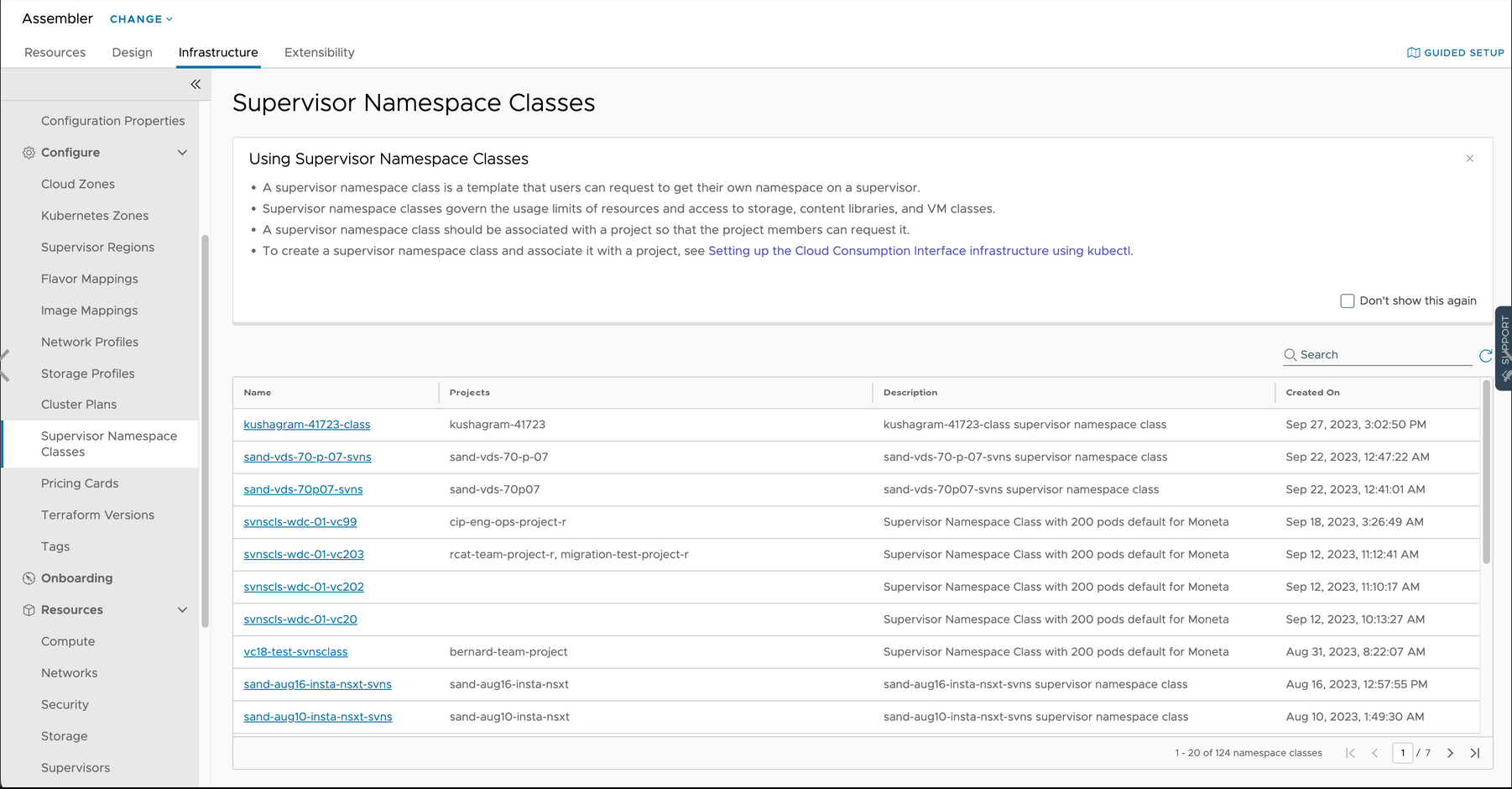 CCI Admin UI-Supervisor Namespace Classes