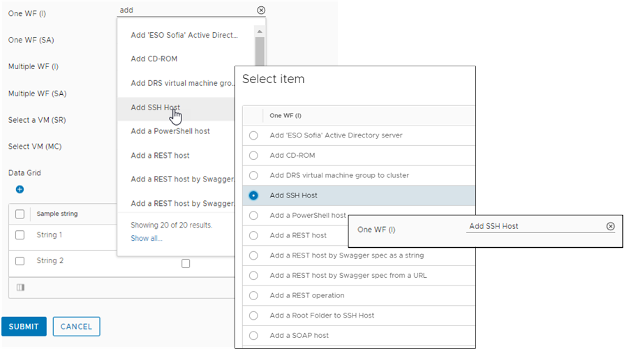 Value picker in the request form with the list, the single selection dialog box, and the example of the selected value in the form.