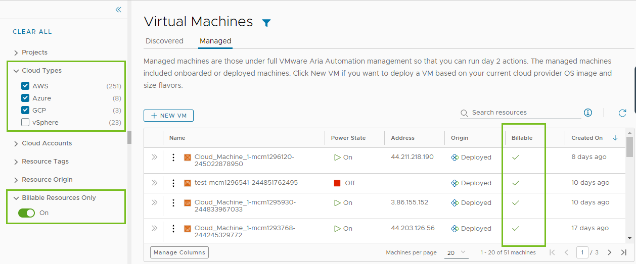 Public Cloud VMs list with Billable Resources only filter applied.
