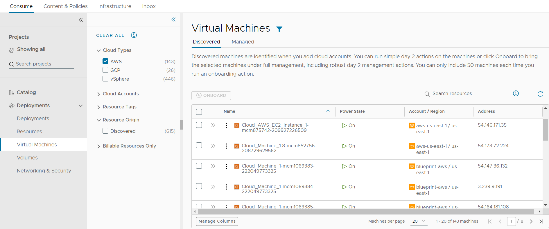 Screenshot of the virtual machine page with the AWS and Discovered filter, and the mysql search applied.