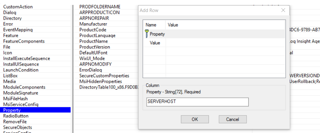 You can add rows of parameters and values to a Property table to customize the installation or upgrade of a Windows agent.
