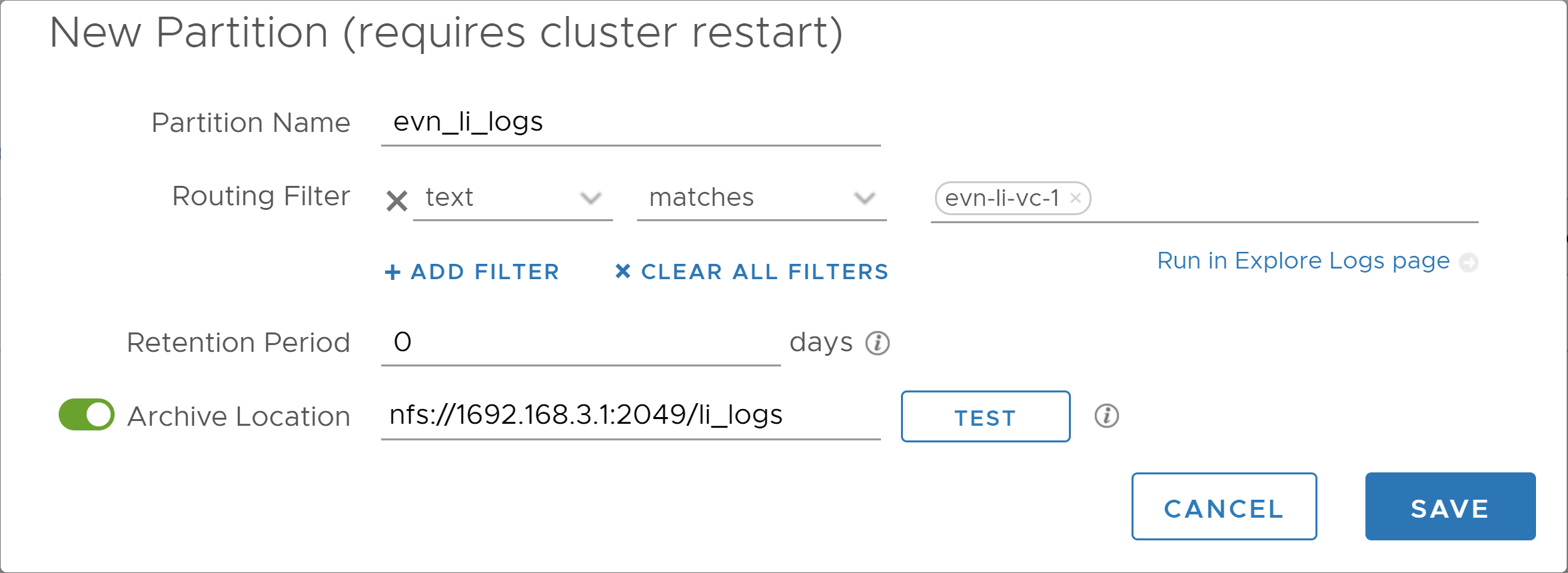 Creating a new partition on the Index Partitions page.