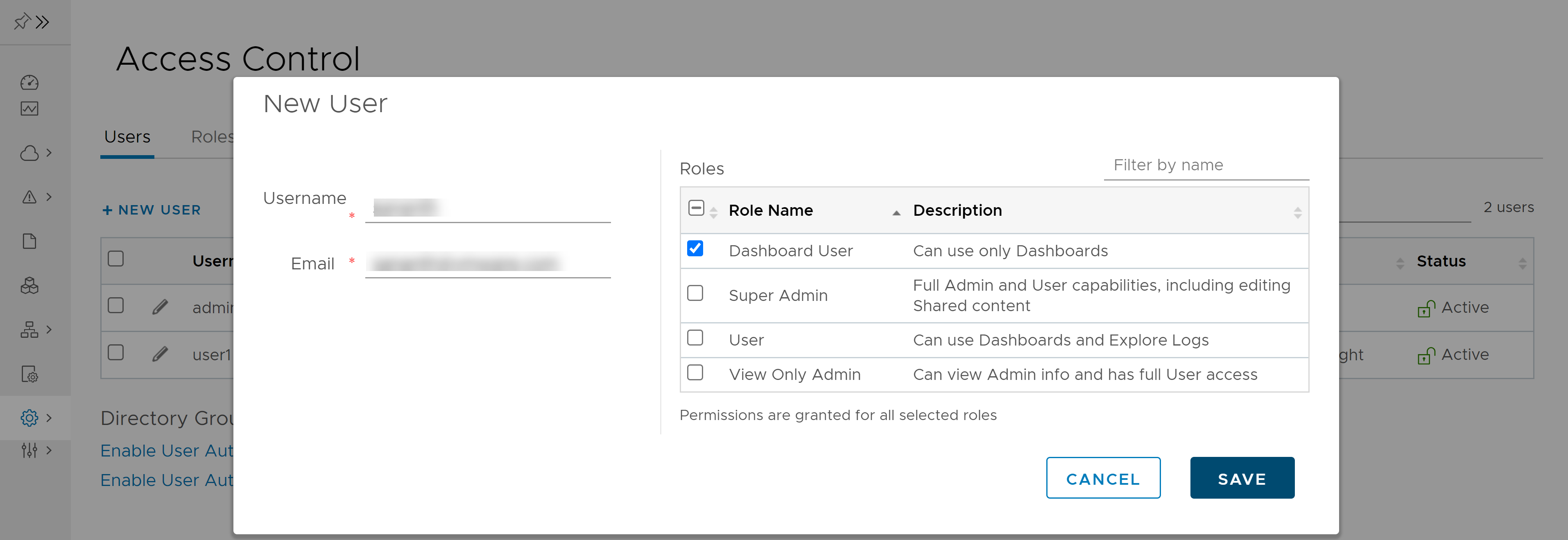 Adding a new user in the Access Control page.