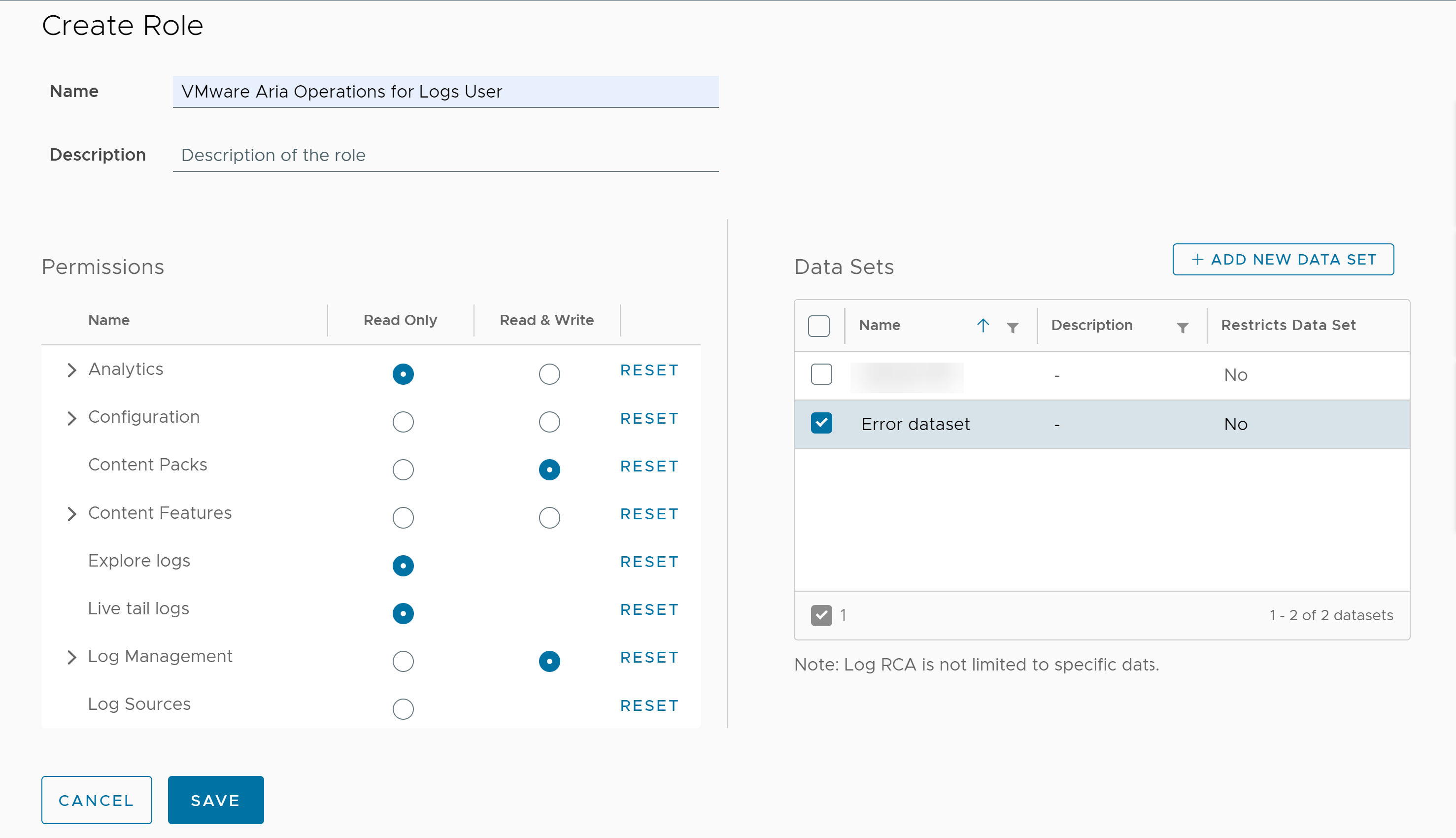 Creating roles in VMware Aria Operations for Logs (SaaS).