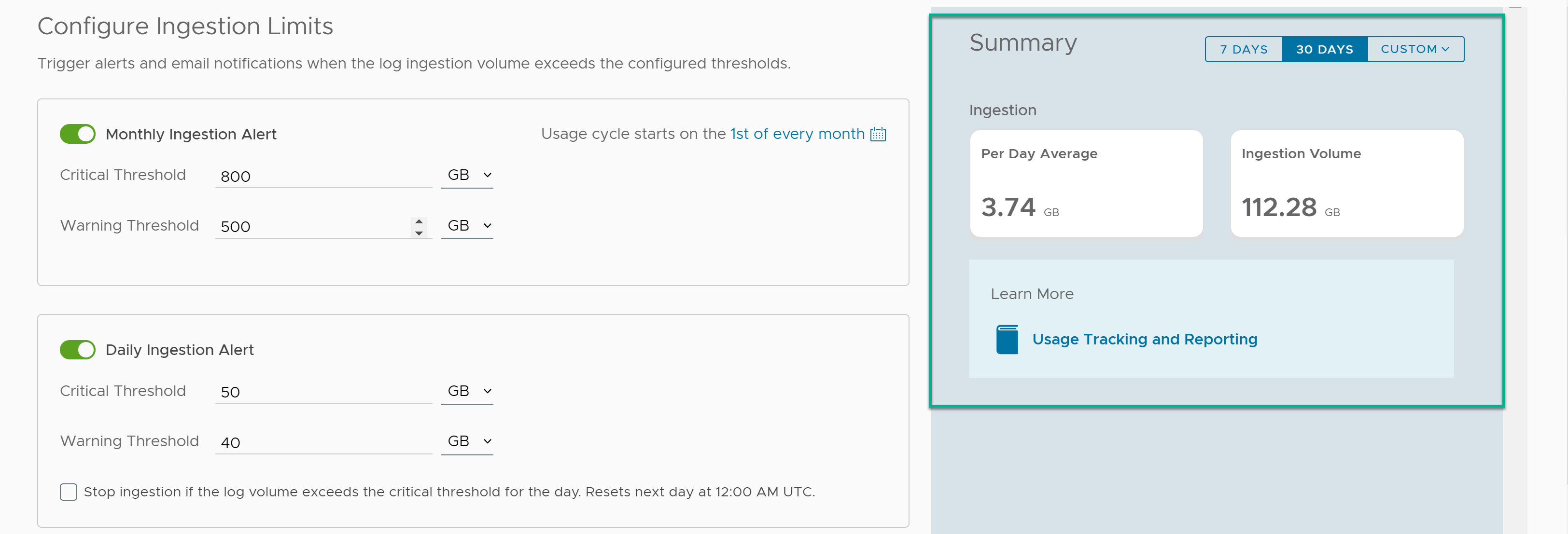 The summary section in the Ingestion Limits page helps you determine the average log consumption per day and month.